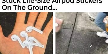 AirPod sticker prank on sidewalk, people walking by confused.
