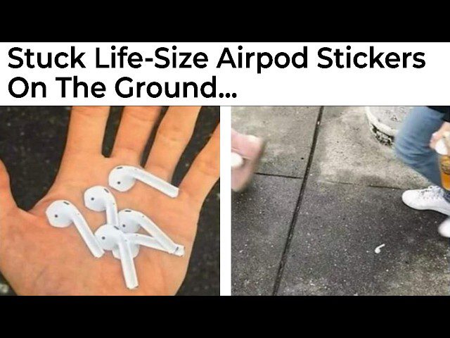 AirPod sticker prank on sidewalk, people walking by confused.