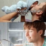 Man smelling a cooking pot, mimicking baby-smelling dad.