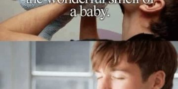 Man smelling a cooking pot, mimicking baby-smelling dad.