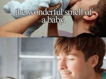 Man smelling a cooking pot, mimicking baby-smelling dad.