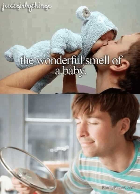 Man smelling a cooking pot, mimicking baby-smelling dad.