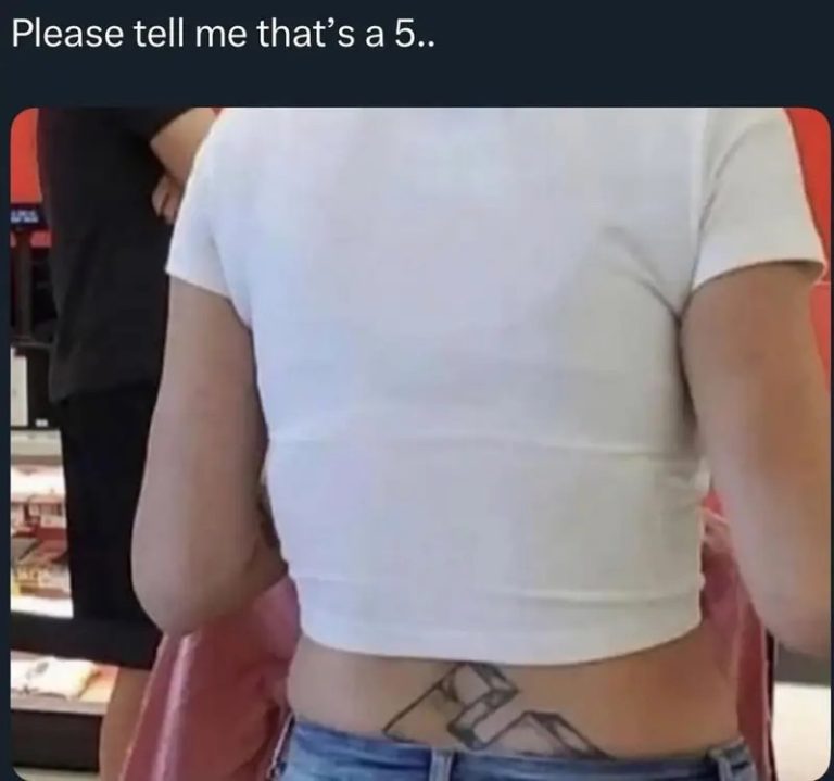 A back tattoo creating an optical illusion of a surprising number.