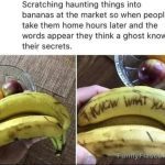 Banana with haunting message creates spooky prank at the market.