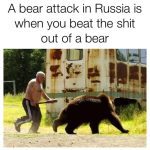 Man confidently chases a bear with a stick in front of a trailer.