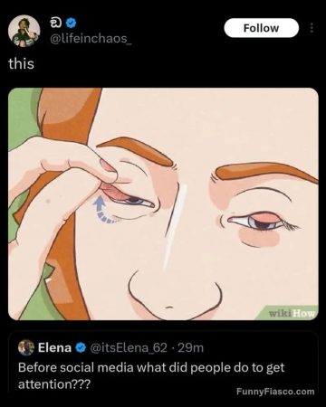 Drawing of woman pulling eyelid for attention before social media.