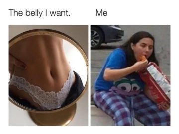 Funny meme comparing ideal belly with snacking reality.