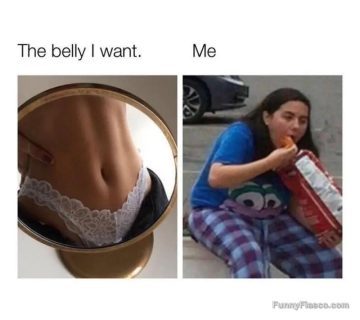 Funny meme comparing ideal belly with snacking reality.