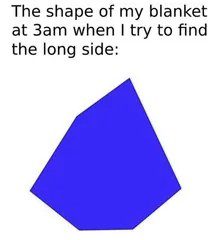 Irregular blanket shape with text about finding its long side at 3am
