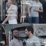 Ghosts stopped by a protective blanket in a humorous meme image.