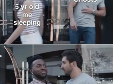 Ghosts stopped by a protective blanket in a humorous meme image.