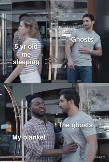 Ghosts stopped by a protective blanket in a humorous meme image.