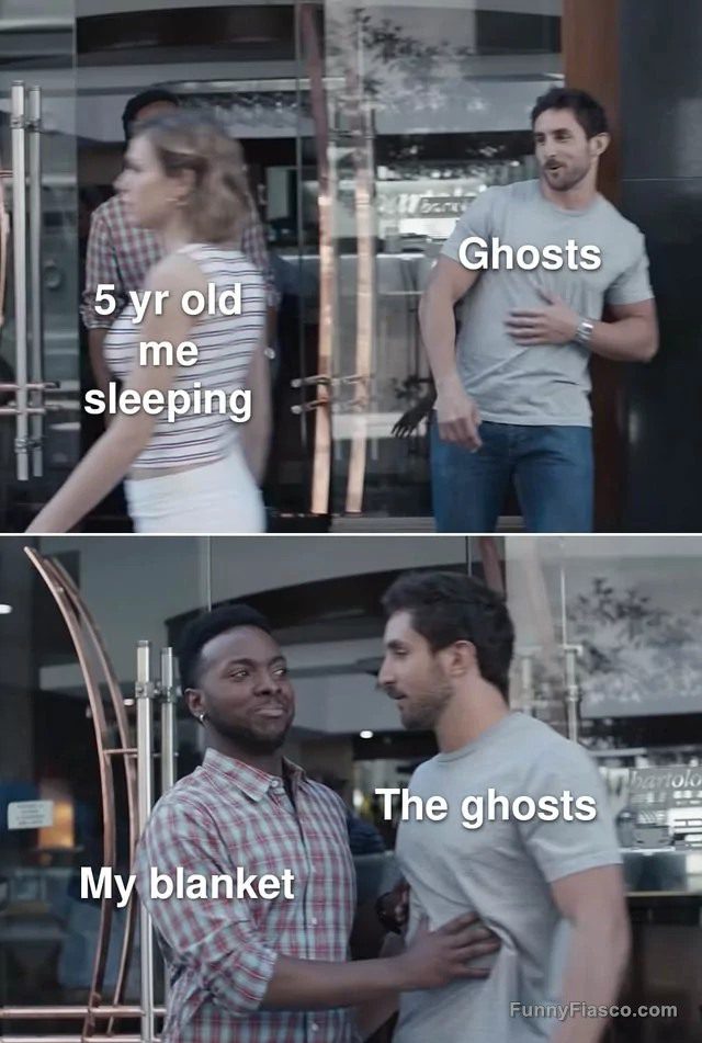 Ghosts stopped by a protective blanket in a humorous meme image.