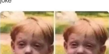 Funny meme of a boy looking high, then laughing at a joke.