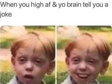 Funny meme of a boy looking high, then laughing at a joke.