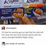 Snoring meme with Breathe Right nasal strip packaging humor