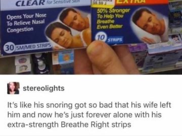 Snoring meme with Breathe Right nasal strip packaging humor