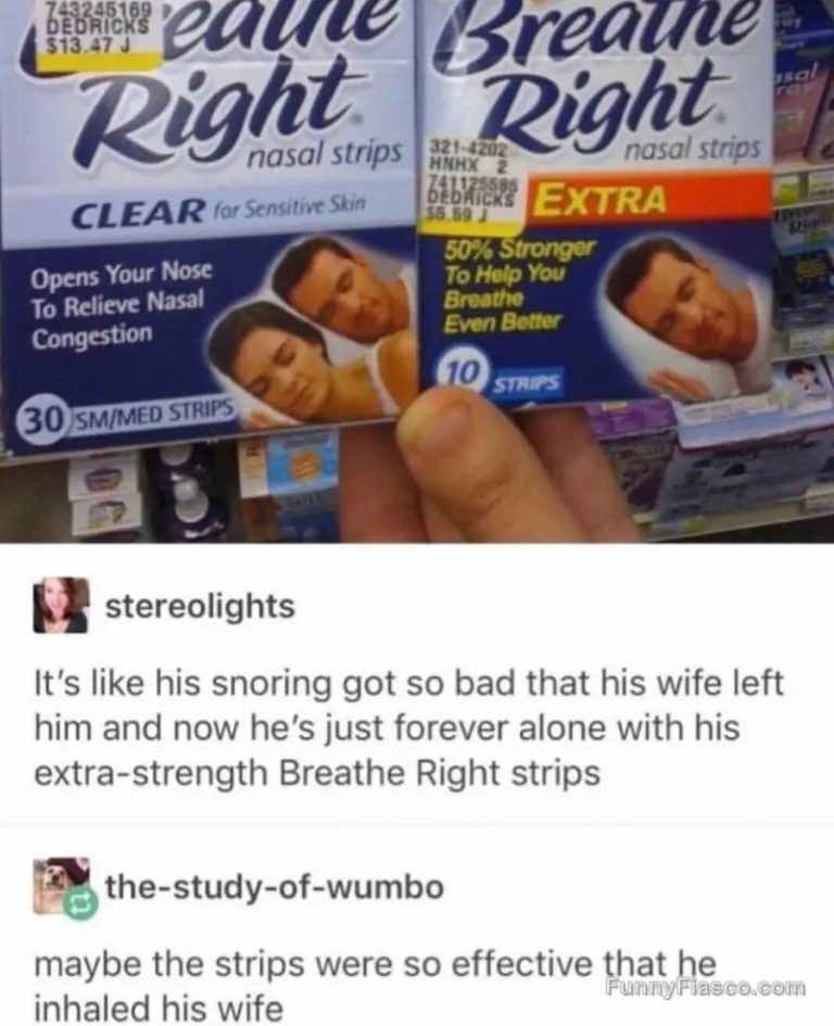 Snoring meme with Breathe Right nasal strip packaging humor
