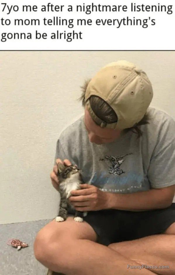Person cuddling with a kitten provides comforting vibes.