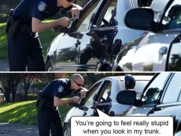 Officer writing ticket for carpool lane violation, driver hints trunk surprise.