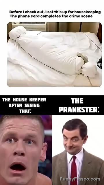 Bed prank with blanket shaped like a body, phone cord is a crime scene outline.