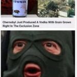 Bottle of vodka labeled Atomik with a Slavic meme reaction.