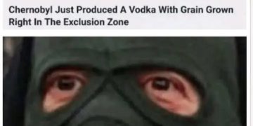 Bottle of vodka labeled Atomik with a Slavic meme reaction.