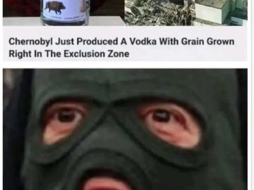 Bottle of vodka labeled Atomik with a Slavic meme reaction.