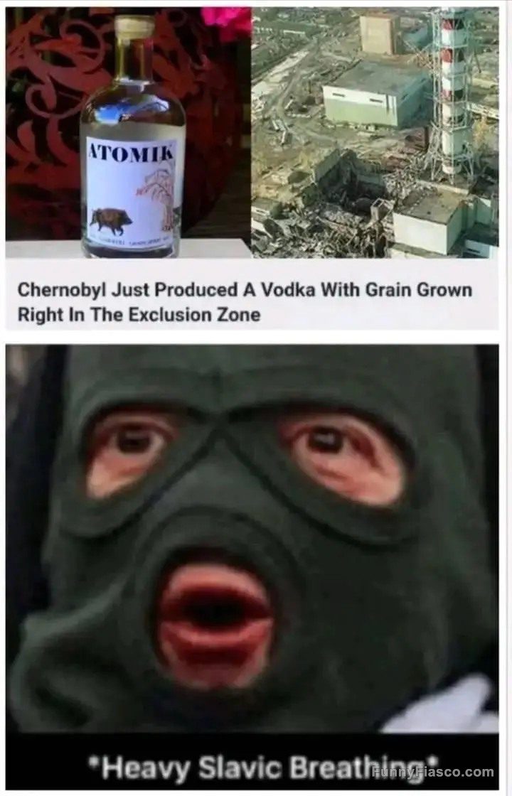 Bottle of vodka labeled Atomik with a Slavic meme reaction.