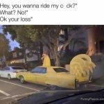 Yellow car with rooster design offering a dark humor twist.