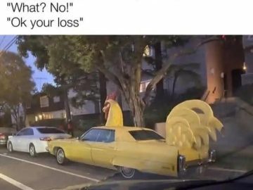 Yellow car with rooster design offering a dark humor twist.