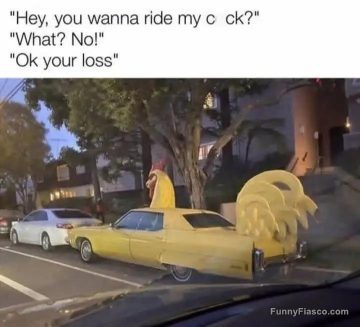 Yellow car with rooster design offering a dark humor twist.