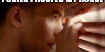 Man peeking through blinds with text about child-proofing fail.