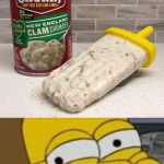 Clam chowder popsicle prank next to the soup can.