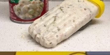 Clam chowder popsicle prank next to the soup can.