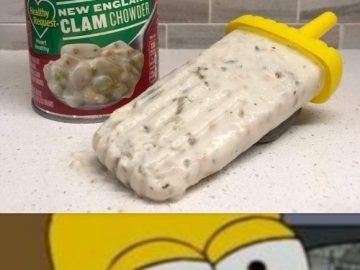 Clam chowder popsicle prank next to the soup can.