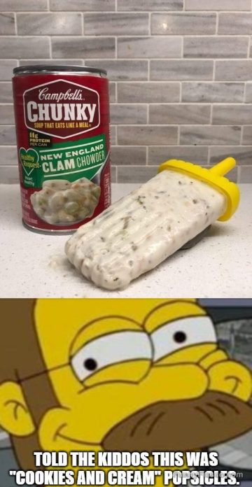 Clam chowder popsicle prank next to the soup can.