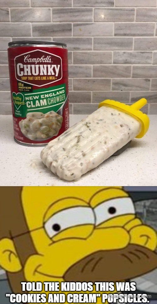 Clam chowder popsicle prank next to the soup can.