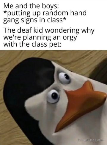 Penguin looking shocked at a classroom misunderstanding about hand signs.