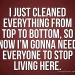 Humorous text about cleaning and wanting to live alone after cleaning.