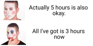 Stages of accepting lack of sleep with a clown transformation.