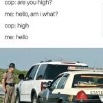 Police officer asks driver if they're high; funny misunderstanding meme.