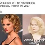 Meme of two women comparing conspiracy theorist levels