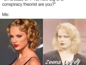 Meme of two women comparing conspiracy theorist levels