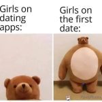 Meme showing dating app profile vs. first date reality with bear