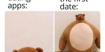 Meme showing dating app profile vs. first date reality with bear