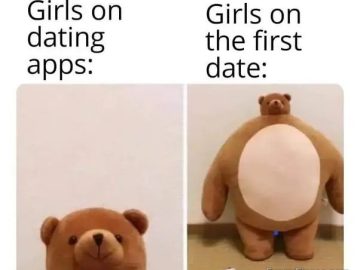 Meme showing dating app profile vs. first date reality with bear