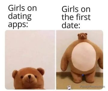 Meme showing dating app profile vs. first date reality with bear