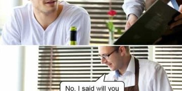 Man misunderstands waiter about dining alone in a darkly funny meme.