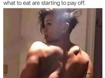 Person with muscular back looking over shoulder, captioned about shrugging.